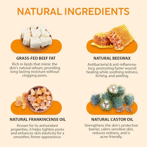 Tallow, Castor Oil and Frankincense Oil Skin Balm, 100% Grass-Fed Tallow for Face & Body Moisturizer, Deep Moisturizing Cream, Moisturizer for Dry, Cracked Skin, All Skin Types