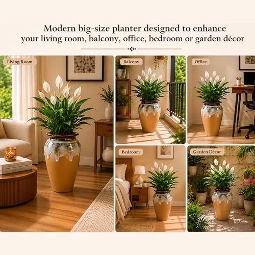 Image of Ceramic Flower Pots for Garden | Big Size Planters for Home Decor, Living Room, Balcony & Office | Multi Utility Vase Gamla for Indoor Outdoor Plants (Hand-Painted, Yellow, 10 Inch)