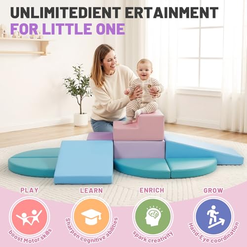 Image of TODIBY 9-Piece Climbing Toys for Toddlers: Soft PU Leather Foam Blocks - Baby Climb and Crawl Activity Blocks - Kids Play Gym Equipment Indoor for Development(Macaroon)