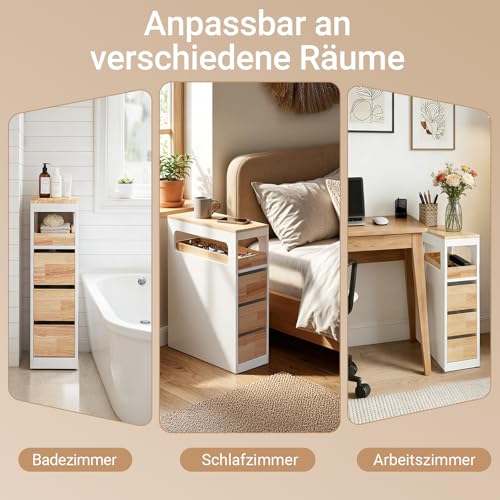 SoBuy Badezimmerschrank mit Rollen, Schmal Badschrank mit 3 Schubladen – Kompakte Kommode aus Holz, Beweglicher Nischenschrank für kleine Bäder, WC und Küche, Weiß, 65x23x82cm, BZR54-III-WN