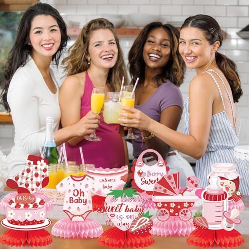 Image of Strawberry Baby Shower Decorations - Berry Sweet Honeycomb Centerpieces 9 Pieces Pink Berry Sweet Baby Shower Decorations Supplies for Girls Gender Announcement Party Table Decor