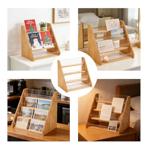 PEEXTBB 4 Stöckiger Präsentationsständer Für Grußkarten Vitrine, Bambus Acryl Postkartenständer, Tragbarer Präsentationsständer für Aufkleber, Theke Einzelhandels Bookcase, Holzfarbe