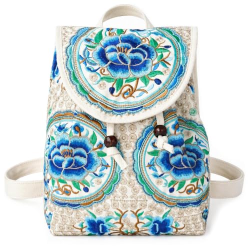 Image of Jursccu Embroidered Backpack Purse for Women Small Canvas Vintage Daypack