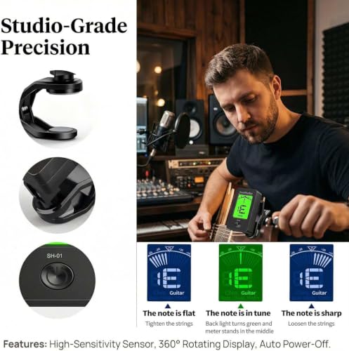 Image of Guitar Tuner Clip On Ukulele Tuners for All Instruments Guitar Bass Ukulele Violin banjo (Tuner 1 Pack)