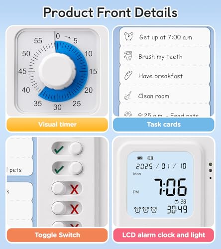3-in-1 Visual Timer & ADHD Tool for Kids|Adults, Task Timer with Chore Chart Board, Visual Schedule for Kids with Autism, Daily Checklist for Home, School, Classroom, Desk (White) - Image 4