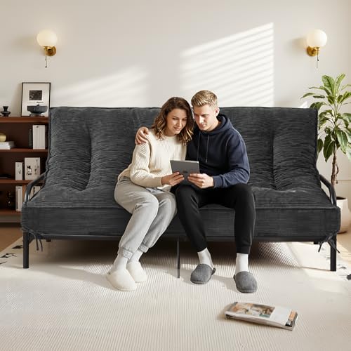 Winzoo 8 Inch Futon Mattress Queen Size Futon Floor Sofa Bed Foldable with Soft Corduroy Fabric - High Resilience Foam Filling - 2 Storage Straps for Home Guest Room Dorm Grey(Frame Not Included)