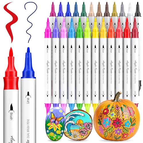 AOSUCO 24 Farben Acrylstifte für Holz Bemalen, Dual Tip Holz Beschriften Stift Acrylmarker für Steine, Glas, Keramik, Leinwand, Stifte für Kinder Ostereier zum Bemalen