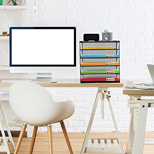 Paper Organizer Letter Tray,OutWolf Mesh Desk File Document Organizer with 6 Tier Shelves and Sorter, Black