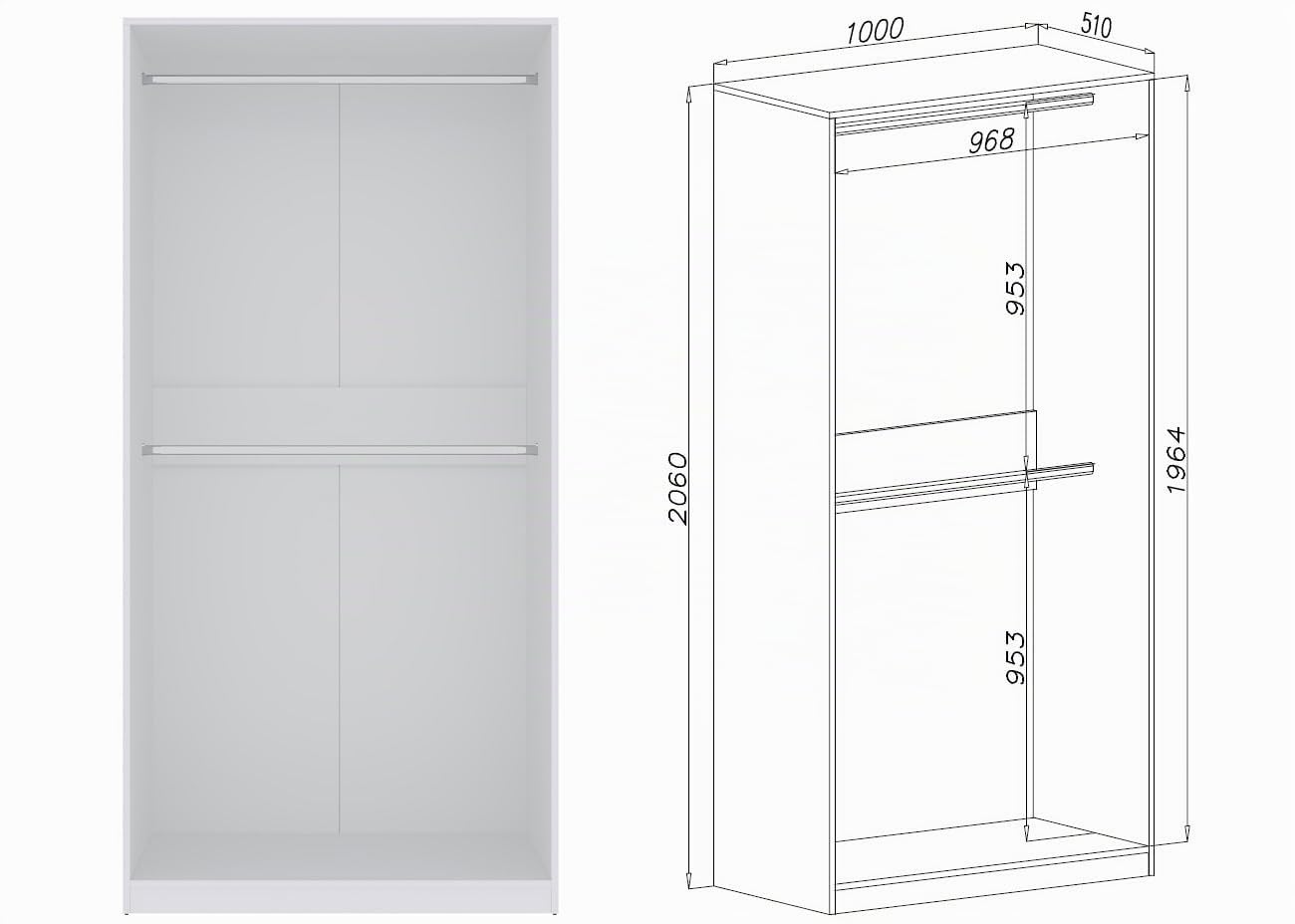 Marmex Eckgarderobenschrank-Set TRES D, offener Kleiderschrank mit Kleiderstangen, Einlegeböden für Kleidung, Schuhe, Schlafzimmermöbel ohne Türen mit Schubladen, 190/111x206x51 cm (weiß)