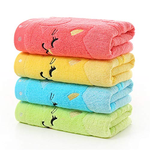 ZYEZI Lot de 4 serviettes en coton pour enfant, motif chat de dessin animé brodé, super doux, absorbant l'eau