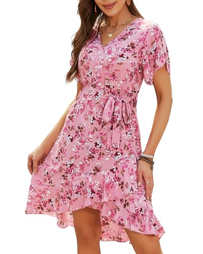 Image of Womens Wrap V Neck Short Sleeve Dress 2025 Summer Floral Boho Dress Ruffle A Line Flowy High Low Midi Dresses