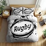 Housse de Couette Rugby Sport, Motif Ballon Noir et Blanc Parure de Lit 1 Personne 90x190 cm avec 2 Taies d'oreiller 65x65 cm, Microfibre Douce Respirante Housse Couette