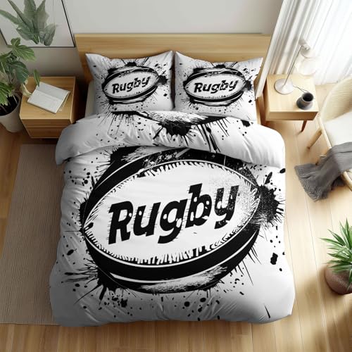 Housse de Couette Rugby Sport, Motif Ballon Noir et Blanc Parure de Lit 1 Personne 90x190 cm avec 2 Taies d'oreiller 65x65 cm, Microfibre Douce Respirante...