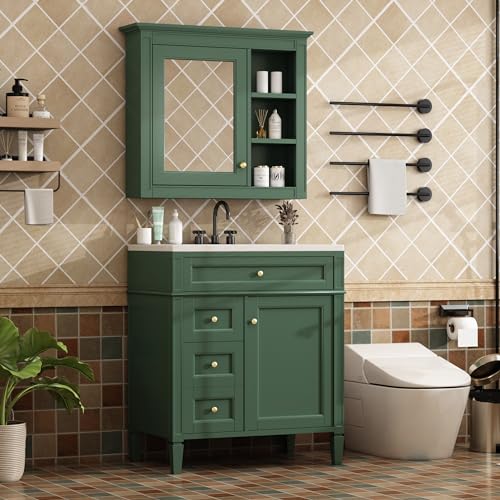 Image of Merax 30 Inch Bathroom Vanity with Sink Set, Modern Bathroom Vanity Storage Cabinet with Matching Mirror Medicine Cabinet, Solid Wood Frame,Painted Finish, 2 Drawers and 1 Tip-Out Drawer, Green