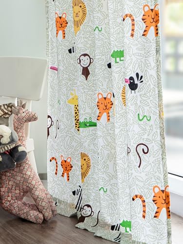 Image of Tranquebar Curtain Co. Kids Room Curtain, 60-65% Room Darkening, Multicolor Animal Print, Cotton Curtains 7 Feet Long Set of 2, BackTab Loops, Safari (213 cm) - Set of 2