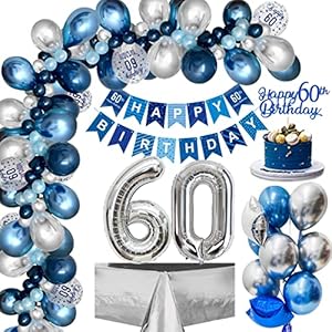 60. Geburtstag Deko, Deko 60.Geburtstag Männer mit Luftballons 60.Geburtstag Blau Silber, 60. Happy Birthday Banner…