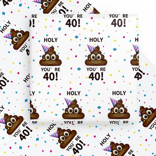 WRAPAHOLIC Funny 40th Birthday Wrapping Paper Sheet - 6 Sheets Holy Shit You're 40 Design Folded Flat for Birthday, Party, Prank - 19.7 Inch x 27.5 Inch Per Sheet