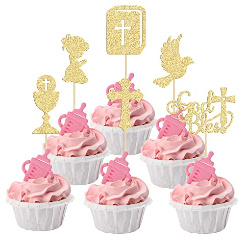 Gyufise 24Pcs Girl God Bless and Baptism Cupcake Toppers Glitter Dove Chalice Bible Cross Cupcake Picks First Communion Christian Baptism Theme Baby Shower Girls Birthday Party Cake Decorations Gold