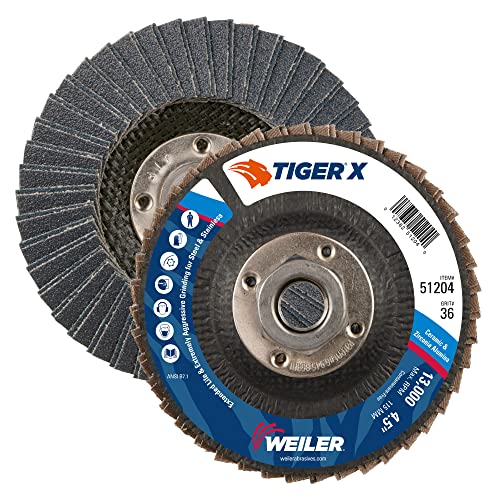 Image of Weiler 51204 Tiger X Flap Disc, Ceramic and Zirconia Alumina, Angled, Phenolic Backing, 36 Grit, 4-1 /2 inch, 5 /8 inch-11 UNC Nut (Pack of 10)