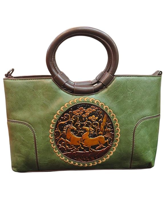 Image of Green Faux Leather Handbag for Women | Embossed Horse Design Tote with Round Handle | Elegant Top Handle Shoulder Bag for Office, Party & Daily Use