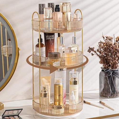 Image of Dravina 360 Rotating Makeup Organizer Rack| 3 Tier Standing Countertop Cosmetic Vanity Tray For Makeup, Skincare|Corner Rack For Bedroom,Bathroom (3 Layer- Amber (Rack) + Gold Rods)