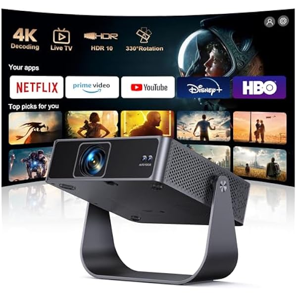 Inteligentny projektor, automatyczna korekcja trapezu, korekcja trapezu, obracany o 360°, 1080p, Full HD, WiFi6, Bluetooth, kino domowe/zewnętrzne
