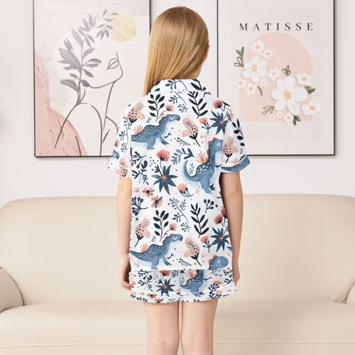 ALAZA Dinosaur Leaf Blossom White Satin Pajamas Set Short Sleeve Button Down Sleepwear Summer Pjs 2 Piece4
