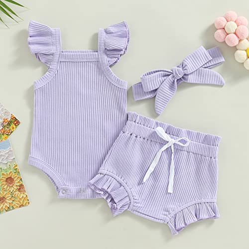 Brilliantme Baby Girl Clothes Newborn Infant Ribbed Ruffle Flying Sleeve Romper Shorts Set Summer Outfits Headband (Purple, 3-6 Months) #TOP7