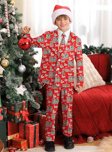 Image of Boys Christmas Printed Ugly with Jacket, Pants & Tie 3 Piece Holiday Party Warm Suit Red Ho Ho Ho 12 Years