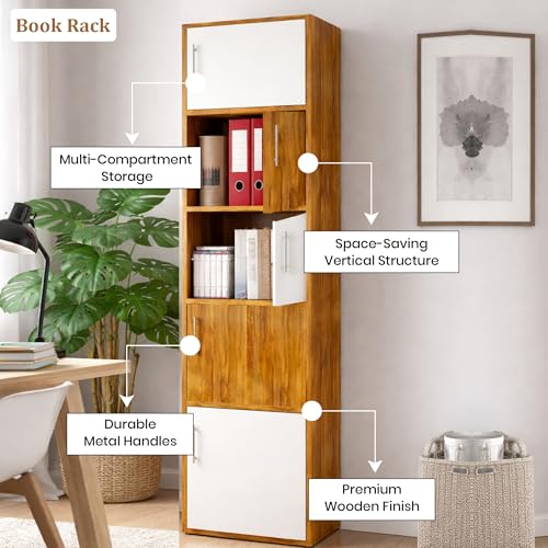Image of Callas Wooden Book Rack | Multi-Compartment Storage Cabinet | Space-Saving Vertical Bookshelf with Doors | Durable & Sturdy Organizer for Home & Office (Walnut, 5 Tier)