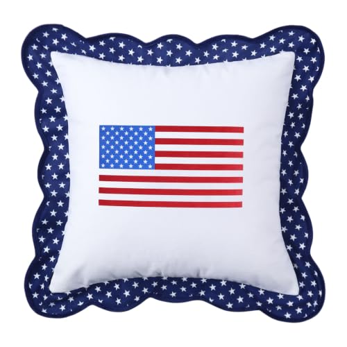 18x18 Inch 4th of July Patriotic Throw Pillow Covers, Embroidery American Flag with printing Star scallop Edge, Hidden Zipper Pillow Case for Independence Day Memorial Day Labor Day Farmhouse