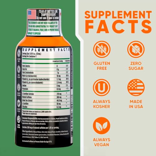 Image of Vitamin Energy Tropical Infusion Extra Strength Energy Shot, 48 Pack - Up to 7 Hrs, 260mg Natural Caffeine, Zero Sugar - BCAAs + CoQ10, Focus Support, B12 B6 Niacin, 1.93 fl oz, Keto Vegan