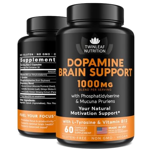 TWINLEAF Dopamine Brain Food Natural Supplement, 1000 mg Blend - Made in USA - Vitamin B 12, L-Tyrosine to Increase Motivation - Boost Your Mental Drive - 60 caps