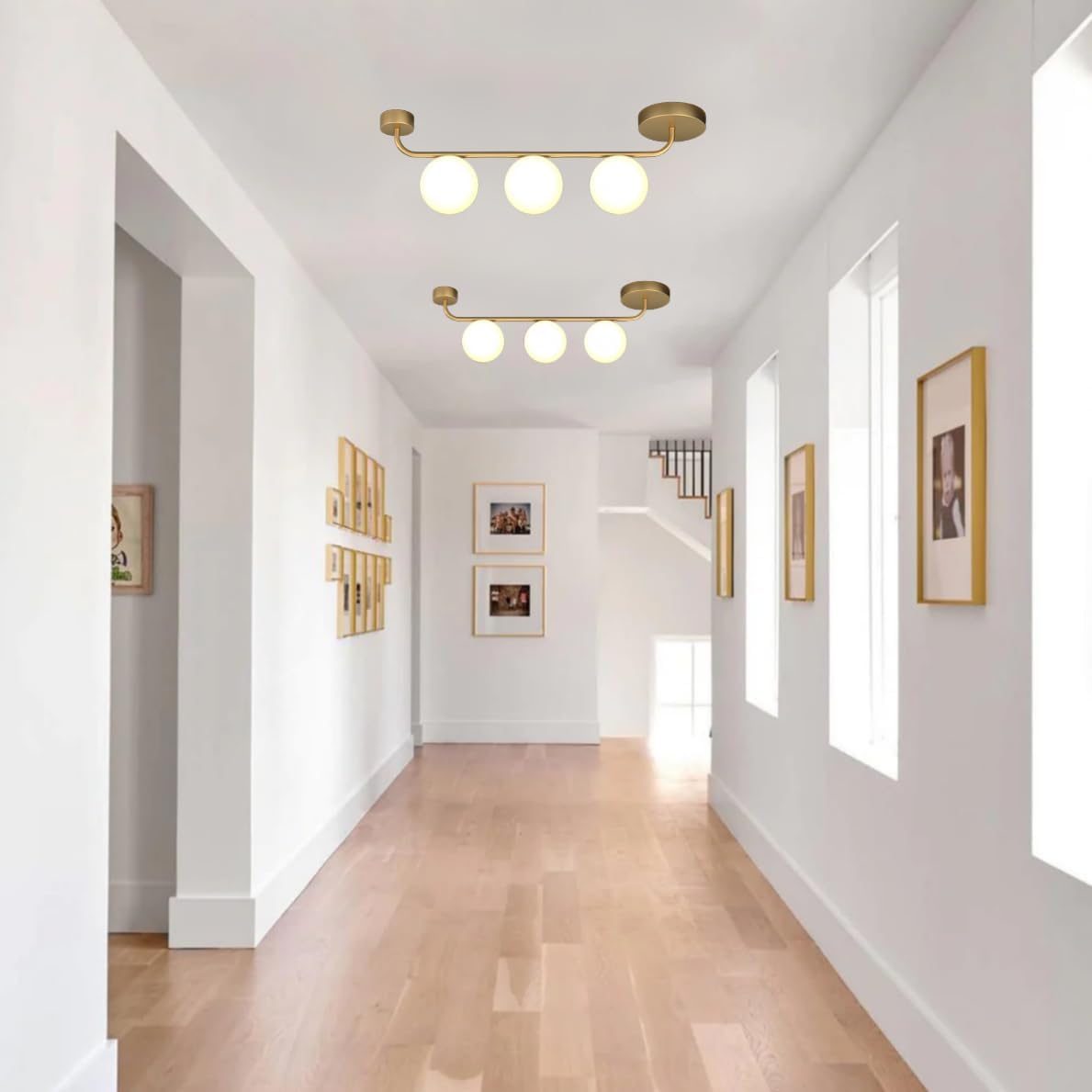 Mid Century Modern Linear Ceiling Light Milk Glass Globe Chandelier Gold Semi Flush Mount Ceiling Light 3 Light Brass Vanity Light for Dining Room Bathroom Hallway