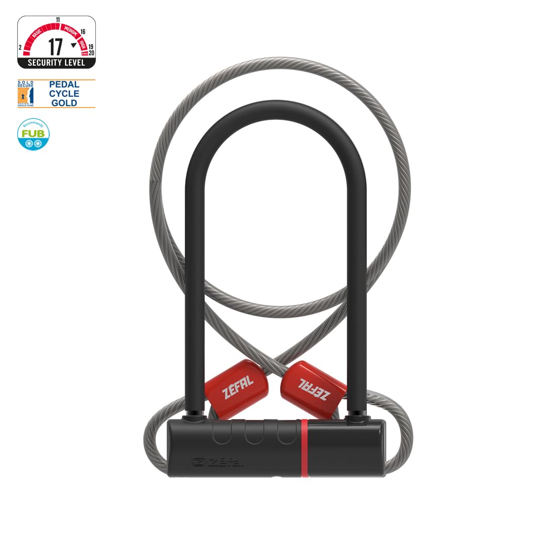 Zéfal K-Traz U17 - Lucchetto in acciaio pesante a forma di U per bicicletta + Cavo da 120 cm - lucchetto a forma di U per biciclette, biciclette elettriche, mountain bike - Antifurto Bicicletta