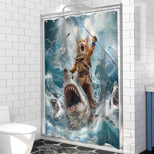 Image of Funny Cat Riding Shark Shower Curtain Ocean Surfing 48Wx72H Inch Decor | Kids Cool Hilarious Beach Sea Waves Lightning Blue Sky Waterproof Polyester Fabric Bathroom 12 Hooks