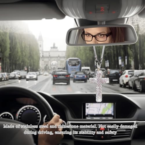 MTRPS Bling Car Hanging Ornament, Crystal Rhinestone Cross Pendant Rearview Mirror Hanging Accessories, Sparkling Religious Charm Vehicle Interior Decoration for Women Men (Silver)