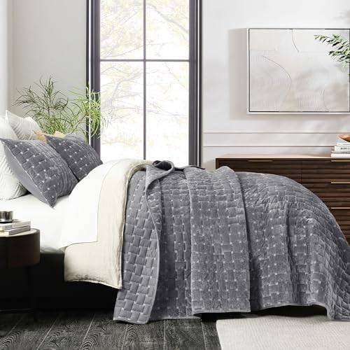 Image of Grassix Velvet Quilt Set King Size, Luxury Geometric Design, Dark Grey | Lightweight Velvet Comforter with 2 Pillow Shams, Soft Bedspread Coverlet, Quilted Bedding Set for All Seasons, 108 inchx96 inch