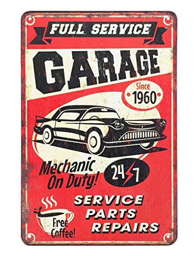 Full Service Garage Tin Sign,Mechanic On Duty 24-7 Car Service Parts Repairs and Drink Coffee Vintage Metal Tin Signs for Cafes Bars Pubs Shop Wall Decorative Funny Retro Signs 8x12 Inch