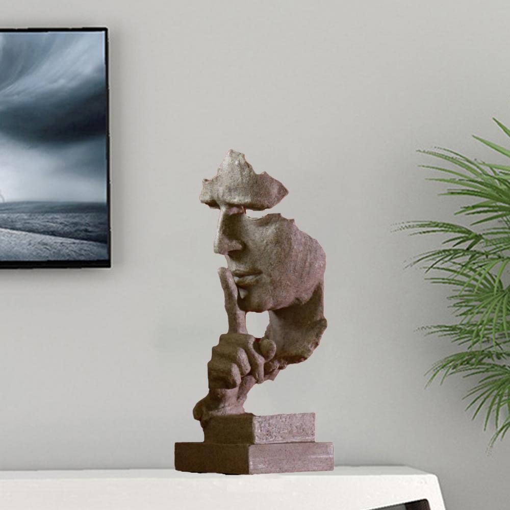 Abstract Face Statues Sculpture, Ornaments Silence is Gold Thinker Figurine Statue Creative Sculptures for Living Room Study Entrance Home Office Decor (Sandstone Color A)
