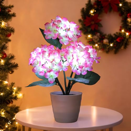 Image of Pink Artificial Hydrangea LED Flower Pot - Lighted Floral Decor for Wedding, Christmas, Bar Coffee Shop Home Decor, Battery-Operated Night Light, Gift for Women