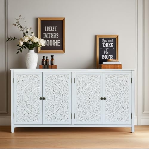 Image of 60 inch Antique White Solid Wood Buffet Cabinet - Carved Sideboard for Entryway, Accent Cabinet for Living & Dining Room