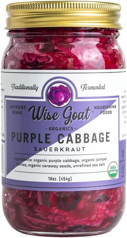 Raw Organic Fermented Unpasteurized Sauerkraut, “Purple Cabbage” Variety [Vegan, Gluten Free, Non-GMO, Probiotic] 16 oz Glass Jar by Wise Goat Organics