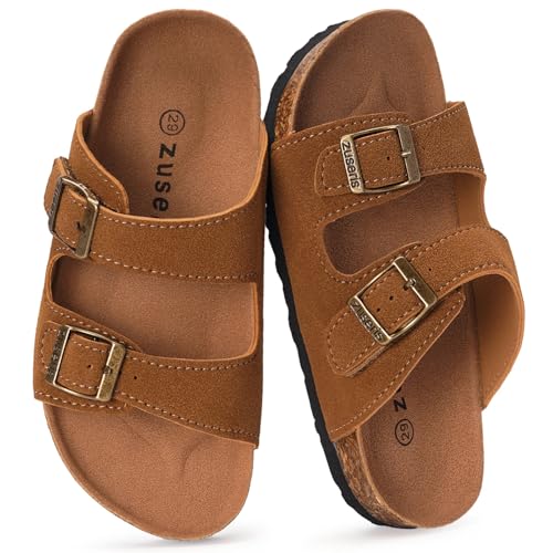 Image of ZUSERIS Kids Toddler Sandals Boys Girls Summer Slides | Soft Cork Footbed, Non-slip,Adjustable Straps,Comfort Suede Leather,Lightweight