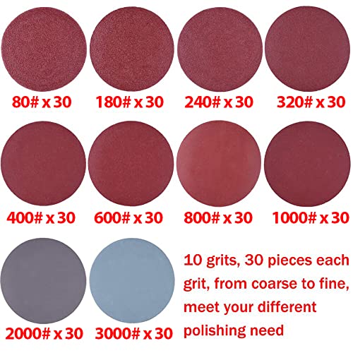 Siquk 300 Pcs 2 Inch Sanding Discs With 1 Pc 1/4 Inch Shank Backing Pad And 1 Pc Soft Foam Buffering Pad 80 180 240 320 400 600 800 1000 2000 3000 Grit #TOP1