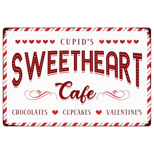 Cupid's Sweetheart Cafe Tin Sign Love Shack Metal Signs Valentine's Day Wall Art Decoration Home Farmhouse Bar Kitchen Cafe Coffee Corner White Day Decor Romantic Gift 12" x 8"