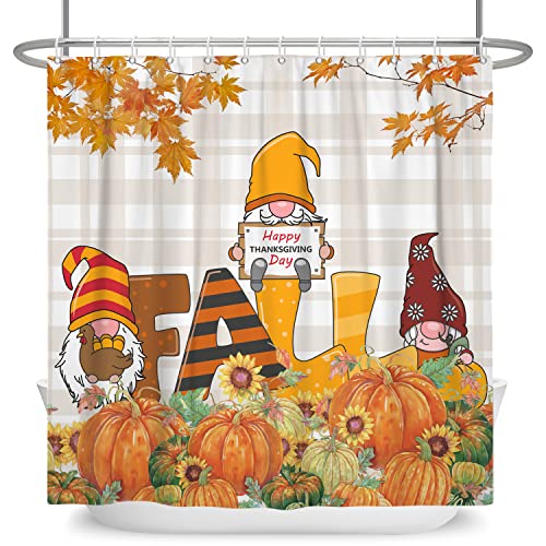 72x72 Inch Happy Thanksgiving Day Shower Curtain Fall Gnomes Bathroom Decor Rustic Thanksgiving Turkey Pumpkin Sunflower Harvest Maple Leaves Farmhouse Bathroom Shower Curtain Set with Hook