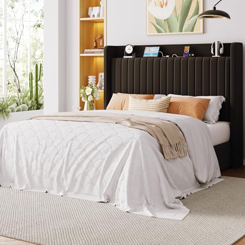 Image of Allewie Full Size Lift Up Storage Bed Frame,Storage Shelf Headboard with Charging Station,Type-C and USB Ports,Hydraulic Support,Velvet Upholstered Bed Frame,No Box Spring Needed,Black