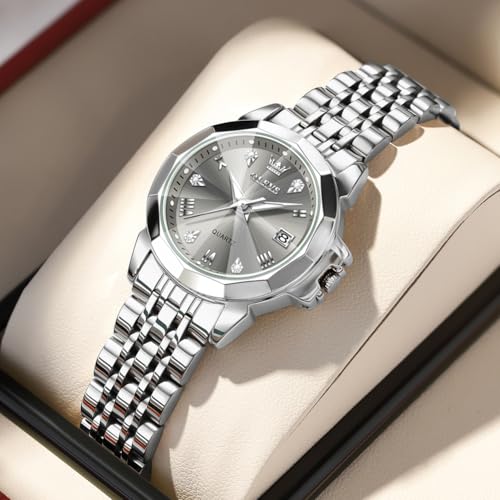 Image of OLEVS Womens Watch Fashion Diamond Analog Gifts Watches for Ladies Quartz Stainless Steel Casual Roman Waterproof Luminous Calendar Wristwatch