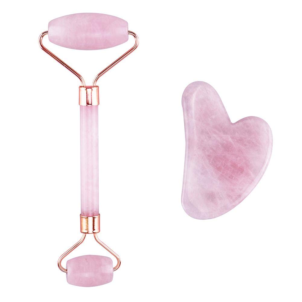 Rouleau de massage du visage en jade rose et gua sha naturel pour un soin anti-âge haut de gamme